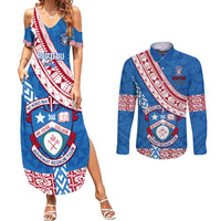 Custom Apifoou College Couples Matching Summer Maxi Dress and Long Sleeve Button Shirts Tongan Kupesi Pattern LT05 Blue - Polynesian Pride
