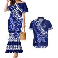 Custom Queen Salote College Couples Matching Mermaid Dress and Hawaiian Shirt Tongan Kupesi Pattern LT05 Blue - Polynesian Pride