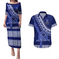 Custom Queen Salote College Couples Matching Puletasi Dress and Hawaiian Shirt Tongan Kupesi Pattern LT05 Blue - Polynesian Pride