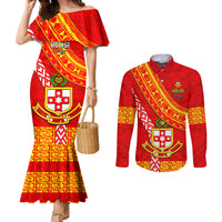 Custom Kolisi Tonga Couples Matching Mermaid Dress and Long Sleeve Button Shirts Tongan Kupesi Pattern LT05 Red - Polynesian Pride