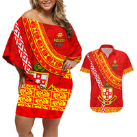 Custom Kolisi Tonga Couples Matching Off Shoulder Short Dress and Hawaiian Shirt Tongan Kupesi Pattern LT05 Red - Polynesian Pride