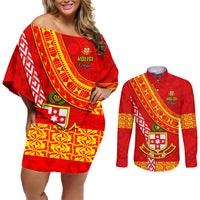 Custom Kolisi Tonga Couples Matching Off Shoulder Short Dress and Long Sleeve Button Shirts Tongan Kupesi Pattern LT05 Red - Polynesian Pride