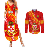 Custom Kolisi Tonga Couples Matching Summer Maxi Dress and Long Sleeve Button Shirts Tongan Kupesi Pattern LT05 Red - Polynesian Pride