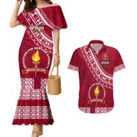 Custom Beulah College Couples Matching Mermaid Dress and Hawaiian Shirt Tongan Kupesi Pattern LT05 Red - Polynesian Pride