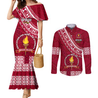 Custom Beulah College Couples Matching Mermaid Dress and Long Sleeve Button Shirts Tongan Kupesi Pattern LT05 Red - Polynesian Pride
