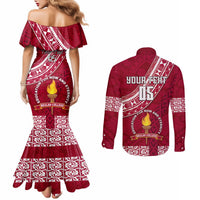 Custom Beulah College Couples Matching Mermaid Dress and Long Sleeve Button Shirts Tongan Kupesi Pattern LT05 - Polynesian Pride