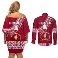 Custom Beulah College Couples Matching Off Shoulder Short Dress and Long Sleeve Button Shirts Tongan Kupesi Pattern LT05 - Polynesian Pride
