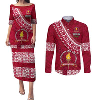 Custom Beulah College Couples Matching Puletasi Dress and Long Sleeve Button Shirts Tongan Kupesi Pattern LT05 Red - Polynesian Pride