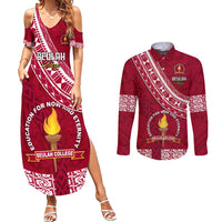 Custom Beulah College Couples Matching Summer Maxi Dress and Long Sleeve Button Shirts Tongan Kupesi Pattern LT05 Red - Polynesian Pride