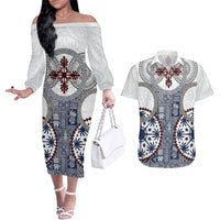 Hawaii Couples Matching Off The Shoulder Long Sleeve Dress and Hawaiian Shirt Barkcloth Pattern Vintage Style LT05 Blue - Polynesian Pride