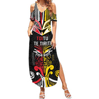 Niue And Aotearoa Family Matching Summer Maxi Dress and Hawaiian Shirt Together For Te Tiriti O Waitangi LT05 Mom's Dress Black - Polynesian Pride