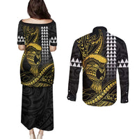 Hawaii Ikaika Warrior Helmet Couples Matching Puletasi and Long Sleeve Button Shirt Gold Style