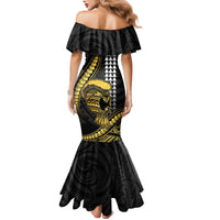 Hawaii Ikaika Warrior Helmet Family Matching Mermaid Dress and Hawaiian Shirt Gold Style