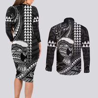 Hawaii Ikaika Warrior Helmet Couples Matching Long Sleeve Bodycon Dress and Long Sleeve Button Shirt Black Tribal Tattoo