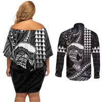 Hawaii Ikaika Warrior Helmet Couples Matching Off Shoulder Short Dress and Long Sleeve Button Shirt Black Tribal Tattoo