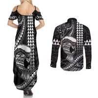 Hawaii Ikaika Warrior Helmet Couples Matching Summer Maxi Dress and Long Sleeve Button Shirt Black Tribal Tattoo