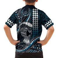 Hawaii Ikaika Warrior Helmet Family Matching Long Sleeve Bodycon Dress and Hawaiian Shirt Blue Tribal Tattoo