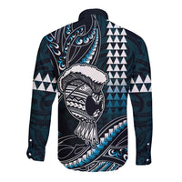 Hawaii Ikaika Warrior Helmet Long Sleeve Button Shirt Blue Tribal Tattoo