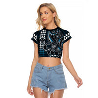 Hawaii Ikaika Warrior Helmet Raglan Cropped T Shirt Blue Tribal Tattoo LT05 Female Blue - Polynesian Pride