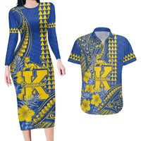 Personalised Hawaii Kaiser High School Couples Matching Long Sleeve Bodycon Dress and Hawaiian Shirt Tribal Tattoo With Hibiscus Flowers