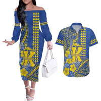 Personalised Hawaii Kaiser High School Couples Matching Off The Shoulder Long Sleeve Dress and Hawaiian Shirt Tribal Tattoo With Hibiscus Flowers