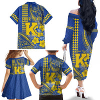 Personalised Hawaii Kaiser High School Family Matching Off The Shoulder Long Sleeve Dress and Hawaiian Shirt Tribal Tattoo With Hibiscus Flowers
