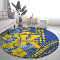 Hawaii Kaiser High School Round Carpet Tribal Tattoo With Hibiscus Flowers