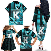 Personalised Hawaii Kapolei High School Family Matching Off The Shoulder Long Sleeve Dress and Hawaiian Shirt Tribal Tattoo With Hibiscus Flowers