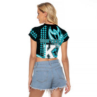 Personalised Hawaii Kapolei High School Raglan Cropped T Shirt Tribal Tattoo With Hibiscus Flowers