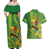 Personalised Hawaii Leilehua High School Couples Matching Off Shoulder Maxi Dress and Hawaiian Shirt Tribal Tattoo With Hibiscus Flowers