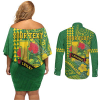Personalised Hawaii Leilehua High School Couples Matching Off Shoulder Short Dress and Long Sleeve Button Shirt Tribal Tattoo With Hibiscus Flowers LT05 - Polynesian Pride
