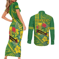 Personalised Hawaii Leilehua High School Couples Matching Short Sleeve Bodycon Dress and Long Sleeve Button Shirt Tribal Tattoo With Hibiscus Flowers