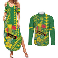 Personalised Hawaii Leilehua High School Couples Matching Summer Maxi Dress and Long Sleeve Button Shirt Tribal Tattoo With Hibiscus Flowers