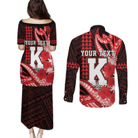Personalised Hawaii Kalani High School Couples Matching Puletasi and Long Sleeve Button Shirt Tribal Tattoo With Hibiscus Flowers