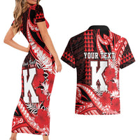 Personalised Hawaii Kalani High School Couples Matching Short Sleeve Bodycon Dress and Hawaiian Shirt Tribal Tattoo With Hibiscus Flowers