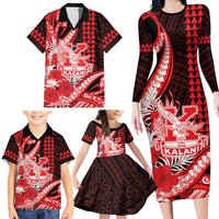 Personalised Hawaii Kalani High School Family Matching Long Sleeve Bodycon Dress and Hawaiian Shirt Tribal Tattoo With Hibiscus Flowers