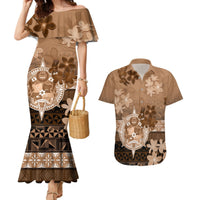 Tonga Emancipation Day Couples Matching Mermaid Dress and Hawaiian Shirt Tongan Kupesi Ngatu Pattern Vintage Style LT05 Brown - Polynesian Pride