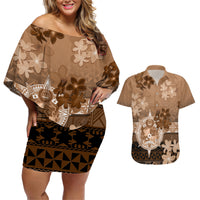 Tonga Emancipation Day Couples Matching Off Shoulder Short Dress and Hawaiian Shirt Tongan Kupesi Ngatu Pattern Vintage Style LT05 Brown - Polynesian Pride