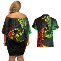 AAPI Heritage Month Couples Matching Off Shoulder Short Dress and Hawaiian Shirt Kanaka Maoli Polynesian Tribal Wave