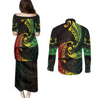 AAPI Heritage Month Couples Matching Puletasi and Long Sleeve Button Shirt Kanaka Maoli Polynesian Tribal Wave