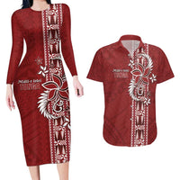 Tonga Language Week Couples Matching Long Sleeve Bodycon Dress and Hawaiian Shirt Malo e Lelei Kupesi Ngatu Pattern