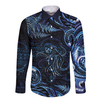 Aotearoa New Zealand Octopus Long Sleeve Button Shirt Silver Fern Maori Pattern LT05 Unisex Blue - Polynesian Pride