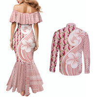 Samoa Teuila Couples Matching Mermaid Dress and Long Sleeve Button Shirt Pink Samoan Siapo Motifs LT05 - Polynesian Pride