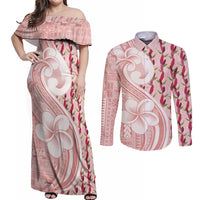 Samoa Teuila Couples Matching Off Shoulder Maxi Dress and Long Sleeve Button Shirt Pink Samoan Siapo Motifs LT05 Pink - Polynesian Pride
