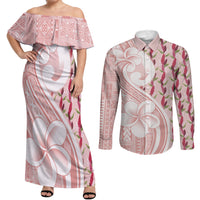 Samoa Teuila Couples Matching Off Shoulder Maxi Dress and Long Sleeve Button Shirt Pink Samoan Siapo Motifs LT05 Pink - Polynesian Pride