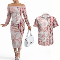 Samoa Teuila Couples Matching Off The Shoulder Long Sleeve Dress and Hawaiian Shirt Pink Samoan Siapo Motifs LT05 Pink - Polynesian Pride