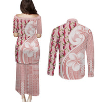 Samoa Teuila Couples Matching Puletasi and Long Sleeve Button Shirt Pink Samoan Siapo Motifs LT05 - Polynesian Pride