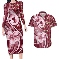 Samoa Teuila Couples Matching Long Sleeve Bodycon Dress and Hawaiian Shirt Maroon Samoan Siapo Motifs LT05 Maroon - Polynesian Pride