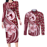 Samoa Teuila Couples Matching Long Sleeve Bodycon Dress and Long Sleeve Button Shirt Maroon Samoan Siapo Motifs LT05 Maroon - Polynesian Pride