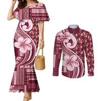 Samoa Teuila Couples Matching Mermaid Dress and Long Sleeve Button Shirt Maroon Samoan Siapo Motifs LT05 Maroon - Polynesian Pride